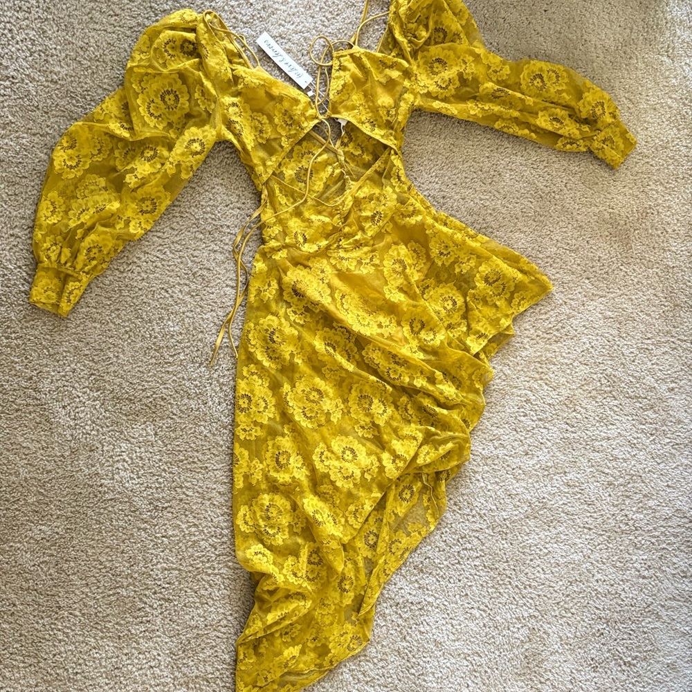 For Love And Lemons Yellow Asymmetrical Puff Sleeve Sundress